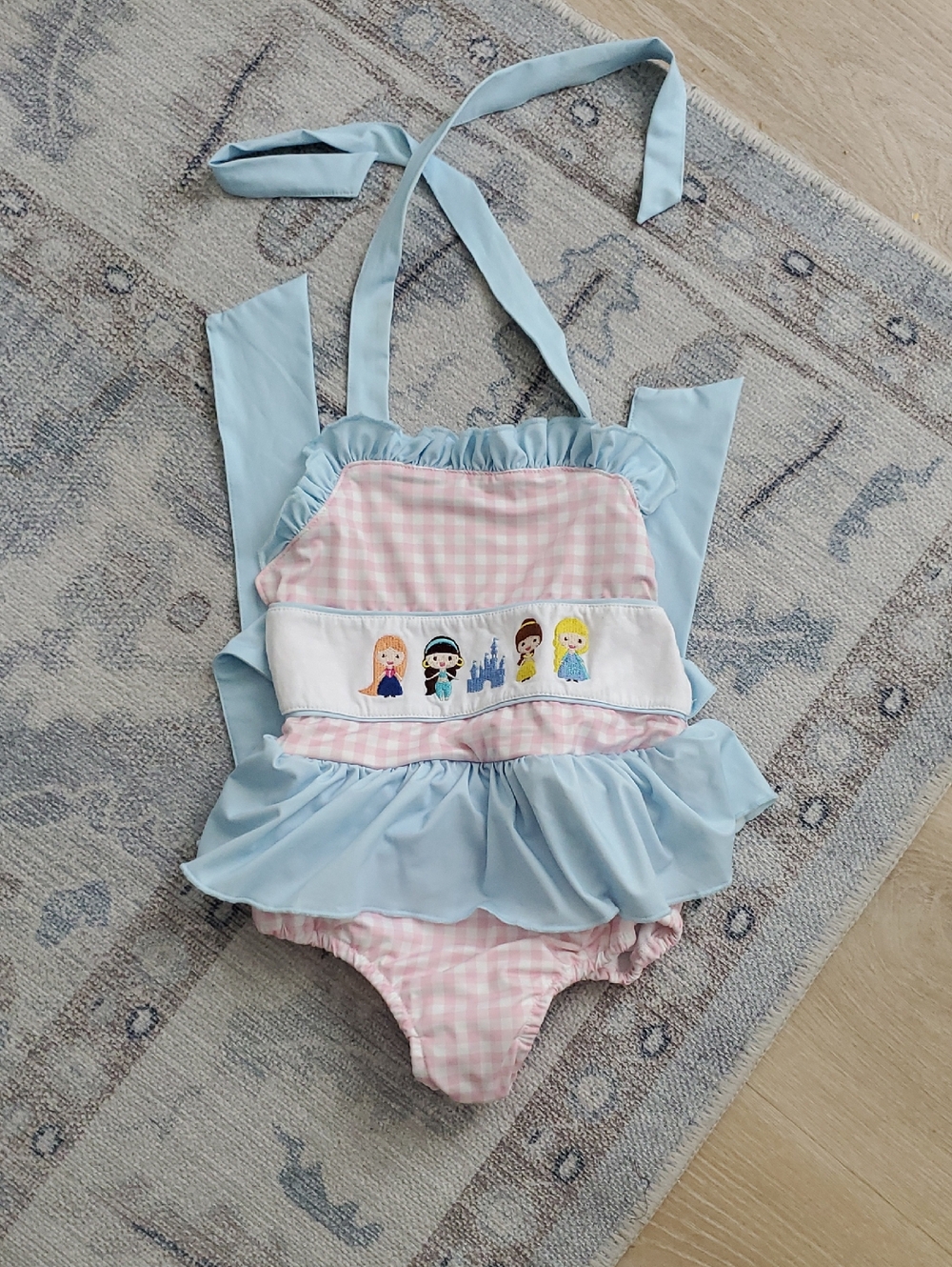 Abby & Evie Girls Gingham Disney Princess Magic Castle Embroidered Swimsuit Sz6